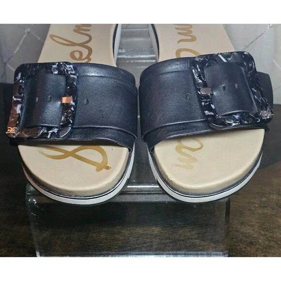 🔥 Sam Edelman Ariane Womens Sz 9 1/2 Black Leather Buckle Slide Sandals Shoes - Picture 5 of 11